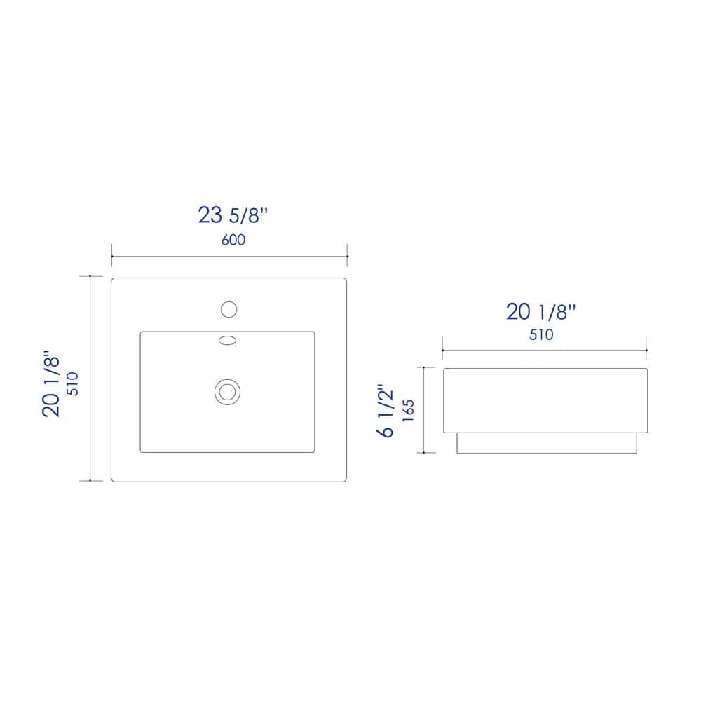 24" White Glossy Ceramic Rectangular Bathroom Sink with Faucet Hole