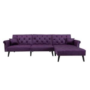 115 in. W Purple Velvet Twin Size Reversible Tufted 4 Seats Sofa Bed Sleeper