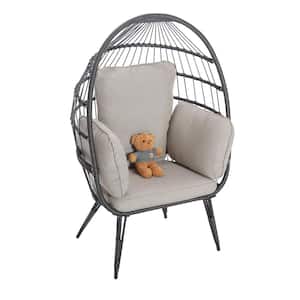 Black Patio Swing Wicker Steel Frame Outdoor Egg Lounge Chair with Beige Cushion