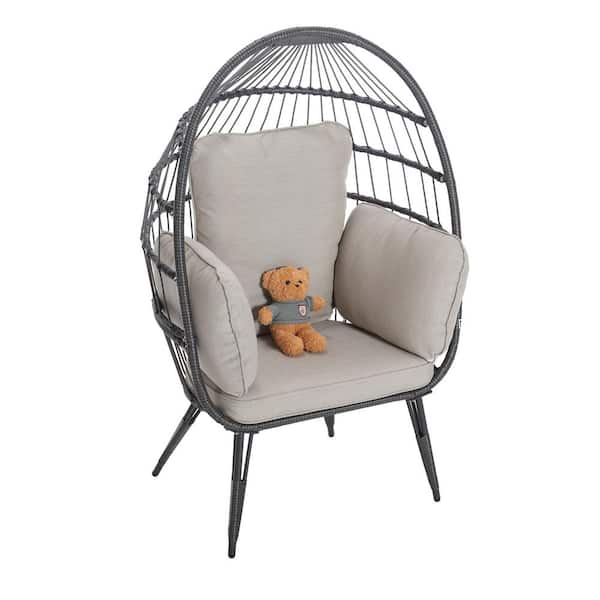 Sudzendf Black Patio Swing Wicker Steel Frame Outdoor Egg Lounge Chair with Beige Cushion