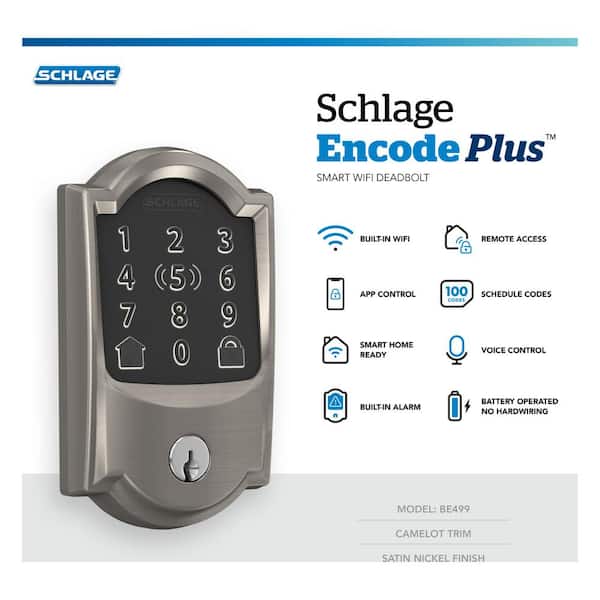 Schlage Camelot Satin Nickel Encode Plus Smart WiFi Deadbolt and