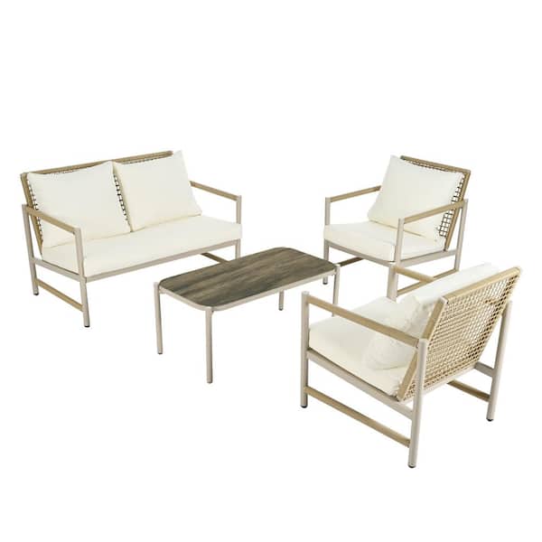 Tunearary 4-Piece Outdoor Courtyard PE Wicker Talk Sofa Set with White Cushion and 1 Table