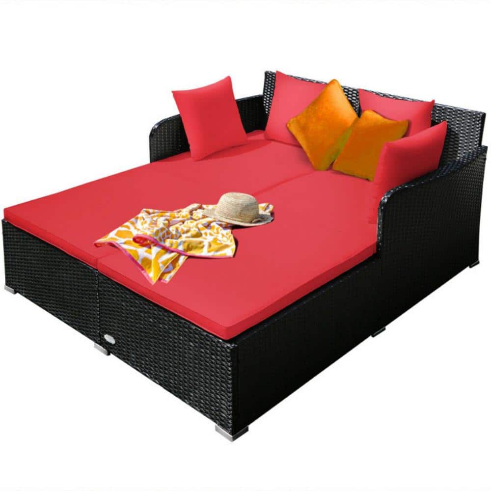 Wicker Outdoor Patio Conversation Set Spacious Rattan Daybed with Red Upholstered Cushion