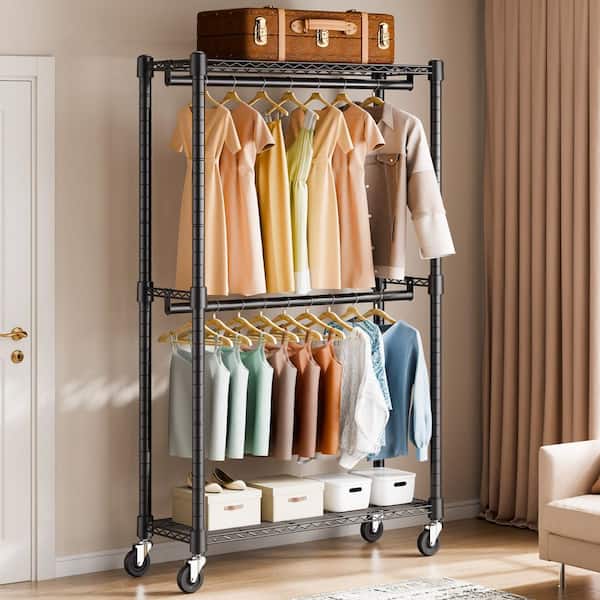 Heavy Duty Clothes Rack, Double Hanging Rods Clothing Garment Rack with Bottom, Storage Tier, Hold Up to 300lbs. Black