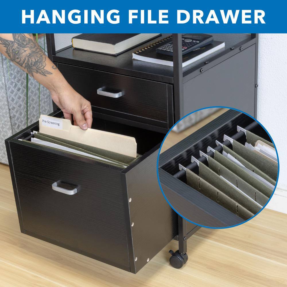 Black Mobile 2-Drawer Lockable File Pedestal with Open Shelf