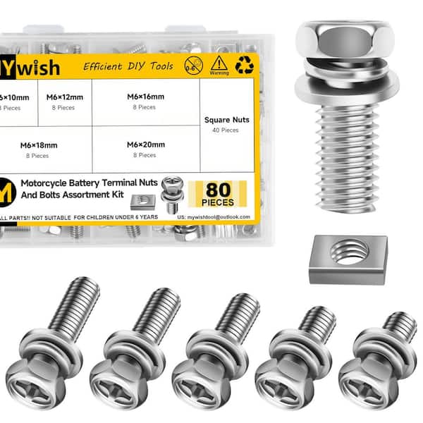 80Pcs M6 Motorcycle Battery Terminal Bolts and Square Nuts Kit, 304-Stainless Steel Assortment Set