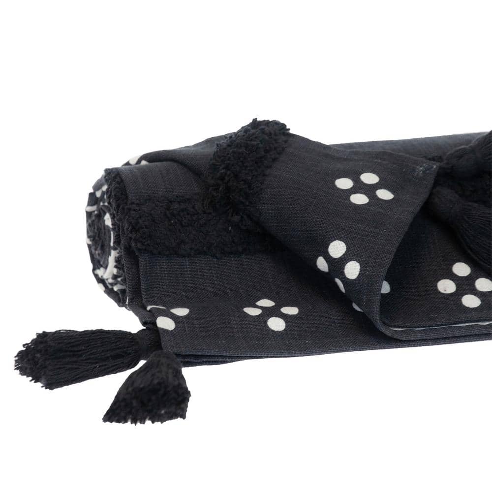 Transitional Black and White Cotton Throw with Tasseled Ends 50" x 60"