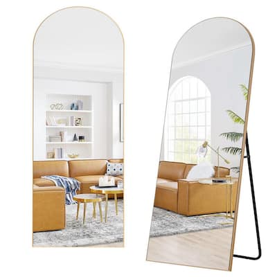 22 in. x 65 in. Modern Arched Framed Gold Full-Length Mirror Leaning Mirror with Standing Holder