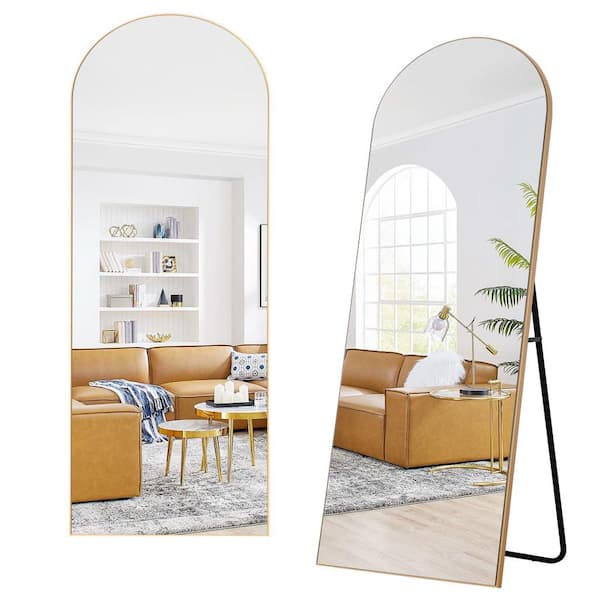 Lirago 22 in. x 65 in. Modern Arched Framed Gold Full-Length Mirror Leaning Mirror with Standing Holder
