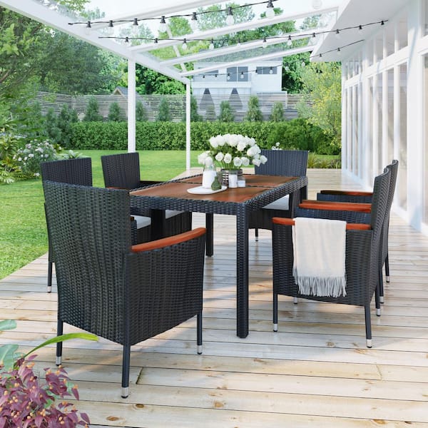 Unbranded 7-Piece Wicker Patio Conversation Sets with White Cushion Dining Table and Chairs Set, Acacia Wood Tabletop
