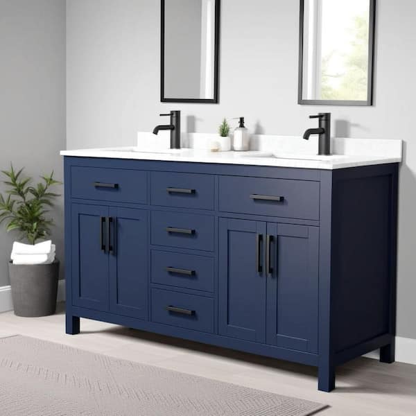 Beckett 60 in. W x 22 in. D x 35 in. H Double Sink Bathroom Vanity in Dark Blue with Carrara Cultured Marble Top