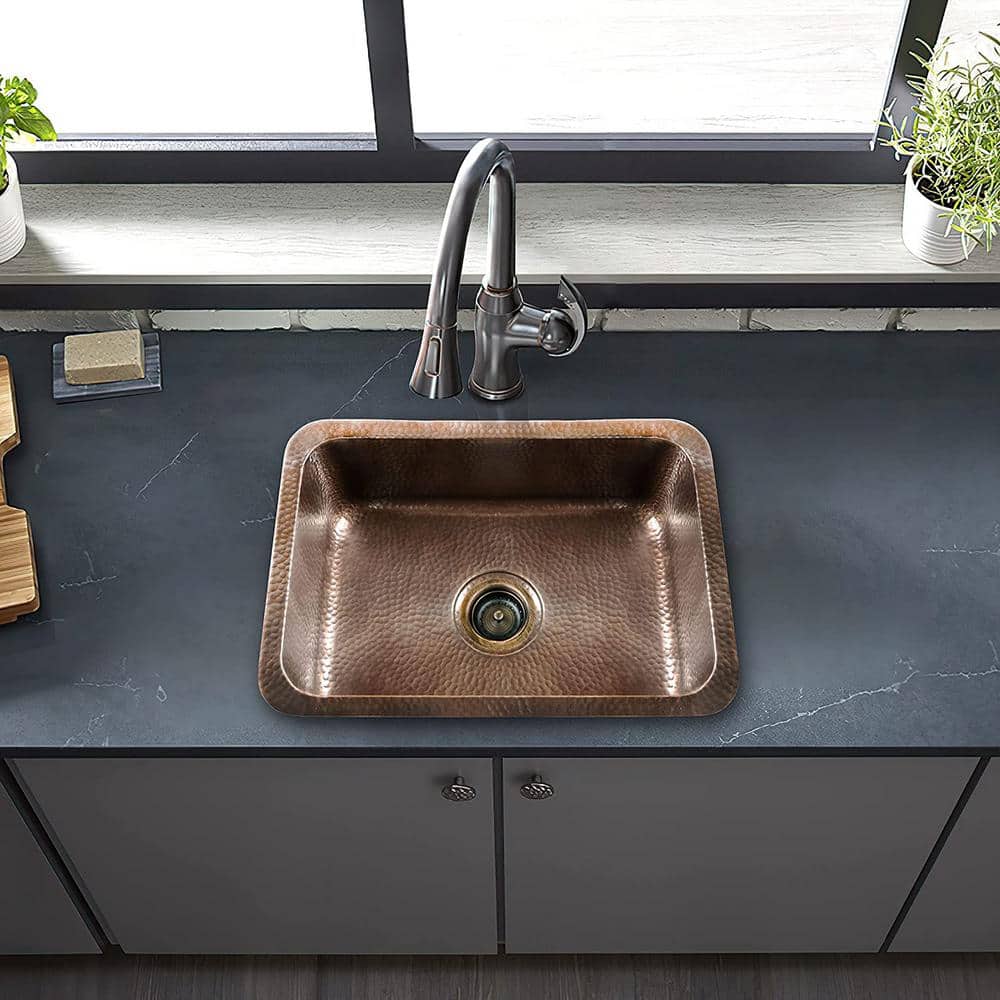 21" Hammered Copper Rectangular Drop-In Single Bowl Kitchen Sink