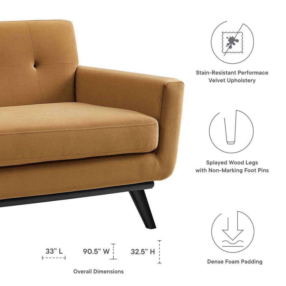 Cognac Velvet Tufted Sofa with Removable Cushions, 91"