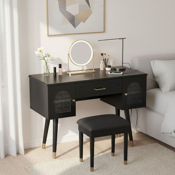 Black Makeup Vanity Set with Charging Port and Cabinets