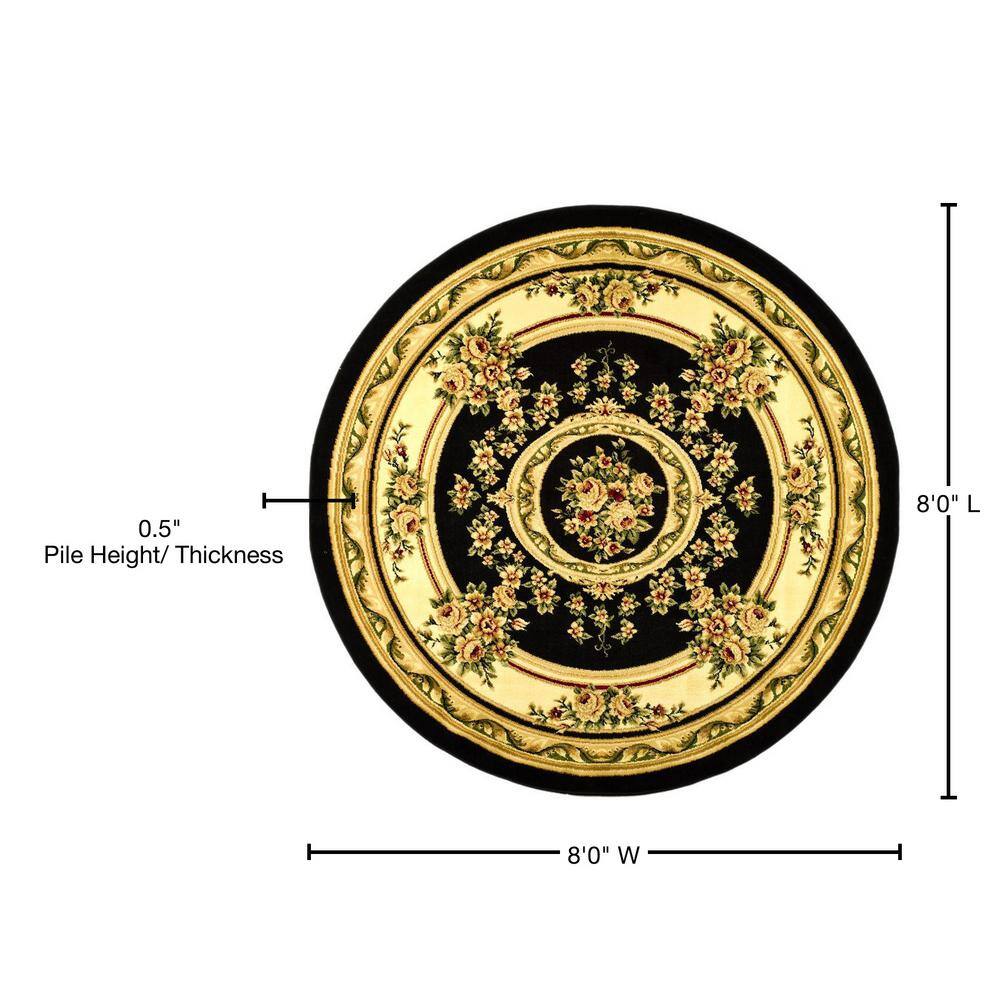 8' Round Black and Ivory Floral Synthetic Area Rug