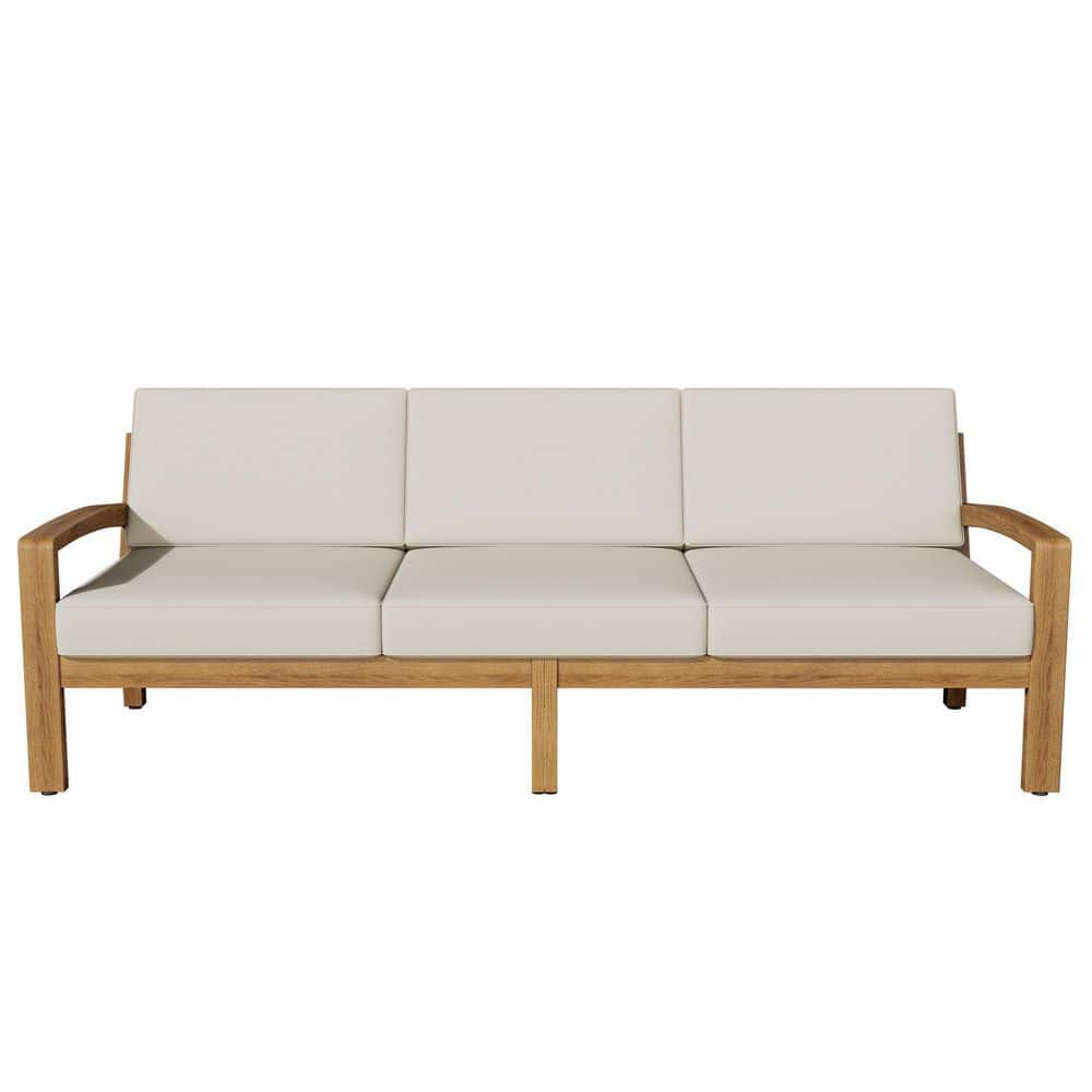 Three-seater outdoor sofa with beige cushions and wood frame.