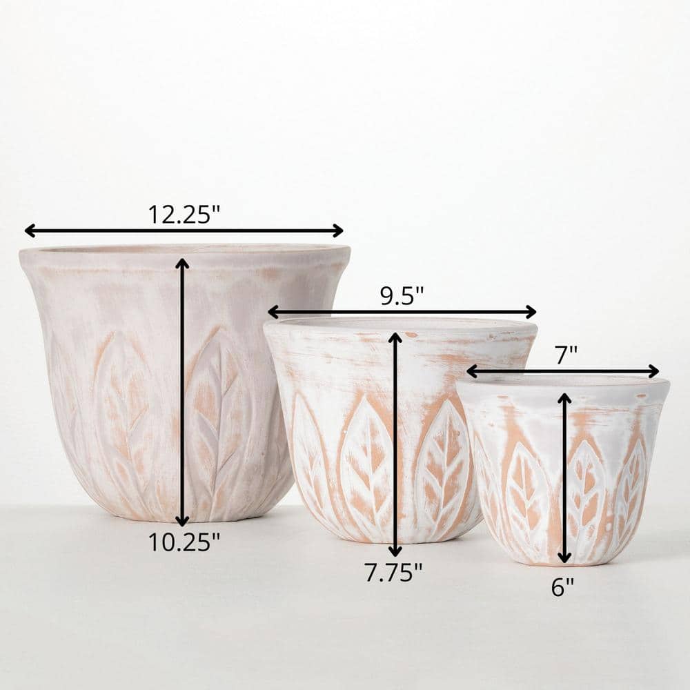 Rustic White and Clay Leaf Patterned Pot Set of 3