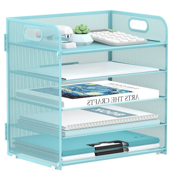 6-Tier Metal Mesh Paper Organizer For Desk - 12.5" X 9.05" X 13" - Letter Tray, File Organizer For Office, School, Home (Blue)