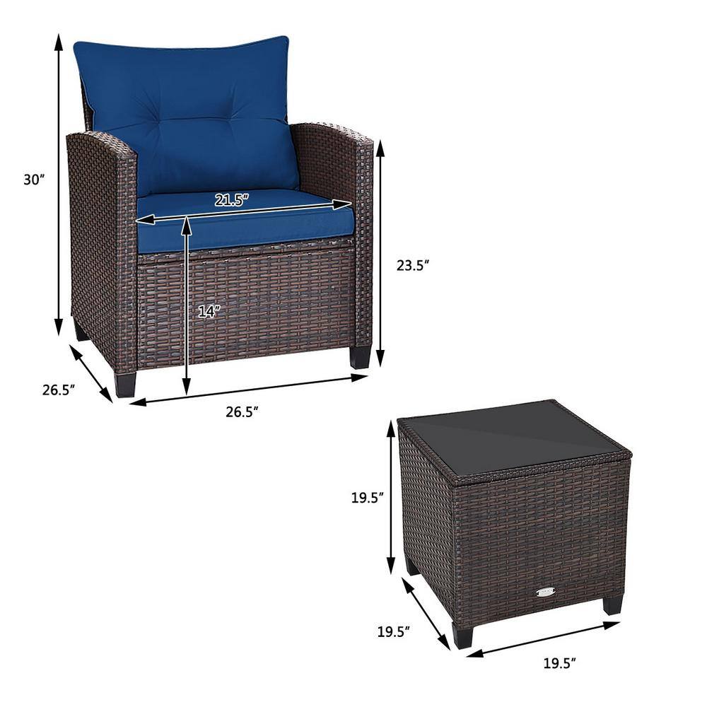 3-Piece Navy Cushioned Brown Steel Rattan Patio Set
