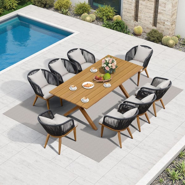Teak-Finish 9-Piece Wicker Square Aluminum Frame Outdoor Dining Set and Pillows with Beige Cushions