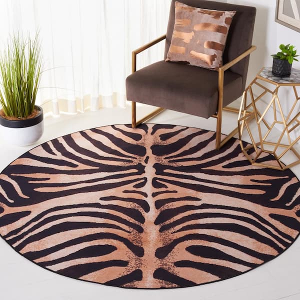 Faux Hide Light Orange/Black 6 ft. x 6 ft. Machine Washable Animal Print Round Area Rug