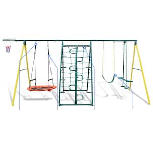 Green 5-in-1 Indoor/Outdoor Metal Swing Play Set with Safety Belt for Backyard