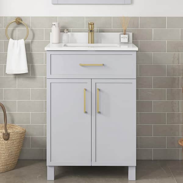 Home Decorators Collection Bilston 24 in. Single Sink Dove Gray Bath Vanity with White Engineered Stone Top (Assembled)