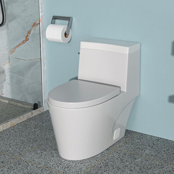 12 inch 1-piece 1.28 GPF Water-Efficient Ceramic Single Flush Elongated Toilet in White Soft Closing Seat Included
