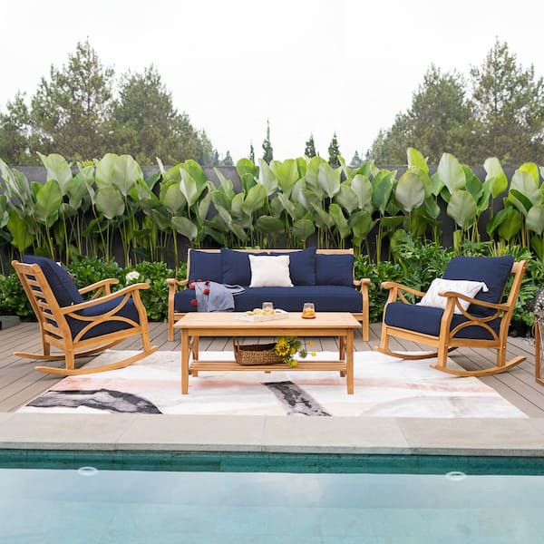 Cambridge Casual Abbington 4-Piece Teak Wood Patio Conversation Set with Navy Cushion