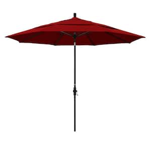 11 ft. Black Aluminum Pole Market Fiberglass Ribs Collar Tilt Crank Lift Outdoor Patio Umbrella in Jockey Red Sunbrella