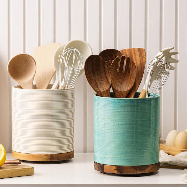 Turquoise Ceramic Utensil Holder with 360° Rotating Wooden Base Cooking Utensil Crocks for Kitchen Counter