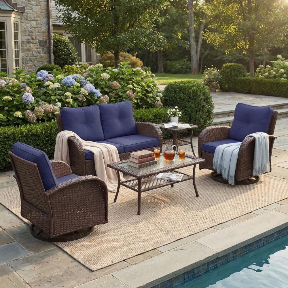 4-Person Wicker Outdoor Patio Conversation Seating Set – Loveseat, Rocking Chairs & Coffee Table with Cushions