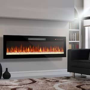 Ultrathin 42 in. W Wall Mounted Metal Electric Fireplace in Black with Tempered Glass Screen and Mixed Flames