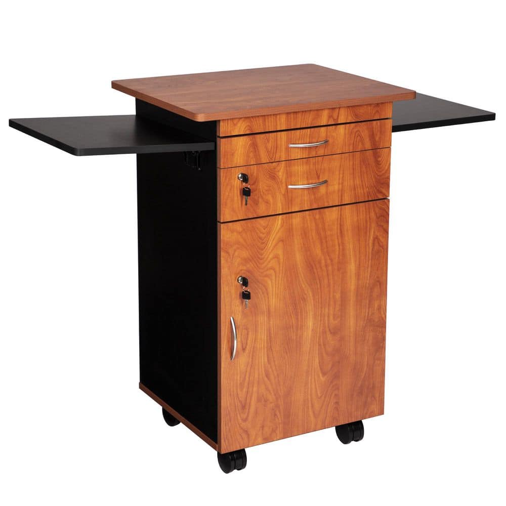 Dover Multimedia Presentation Cart with Locking Storage and Flip-Up Shelves, Mocha