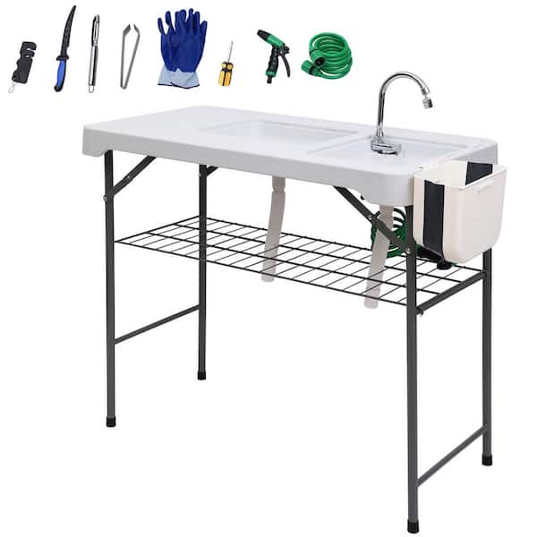 Fish Cleaning Table, Fish Cleaning Table w/ Sink Camping Table 42.5 in Camping Table w/ Dual Universal Faucet and Spray
