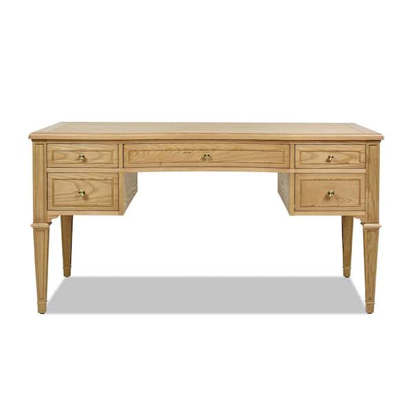 Dauphin 59 in. Wood 5-Drawer Storage Executive Home Office PC Computer Desk with Gold Accents in Natural Brown