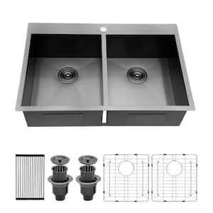 33 in. Drop-in/Topmount Double Bowl 18-Gauge Stainless Steel 50/50 Right Corner Kitchen Sink with Bottom Grids