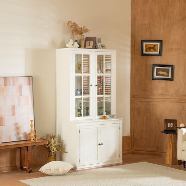 White 75.25 in. Accent Cabinet, Pantry Cabinet with Glass Door, Storage, Hutch with Lattice Window