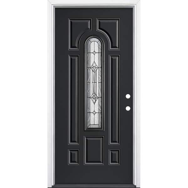 Masonite 36 in. x 80 in. Providence Center Arch Jet Black Left Hand Inswing Painted Steel Prehung Front Door with Brickmold