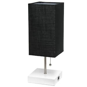 14.25 in. White Petite Stick Lamp with USB Charging Port and Black Fabric Shade