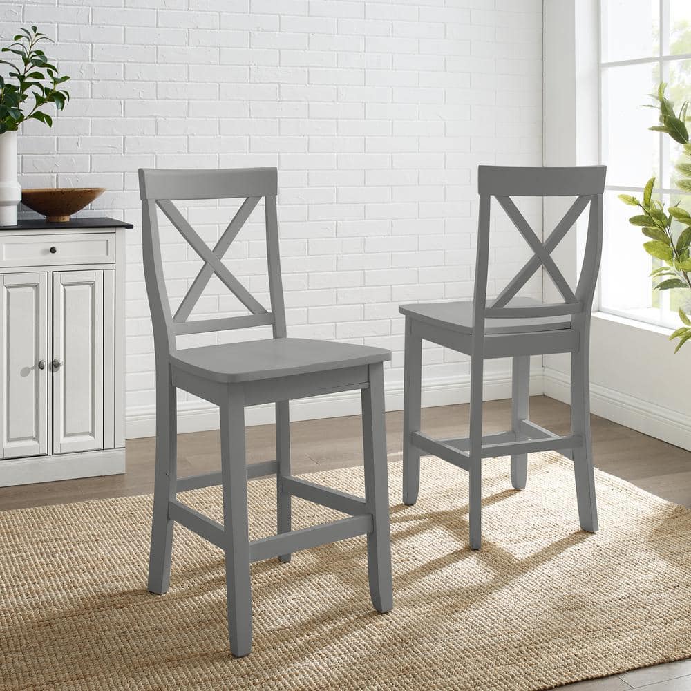 Curved X-Back Gray Wood Counter Stool Set, 24-inch - 2 Pieces