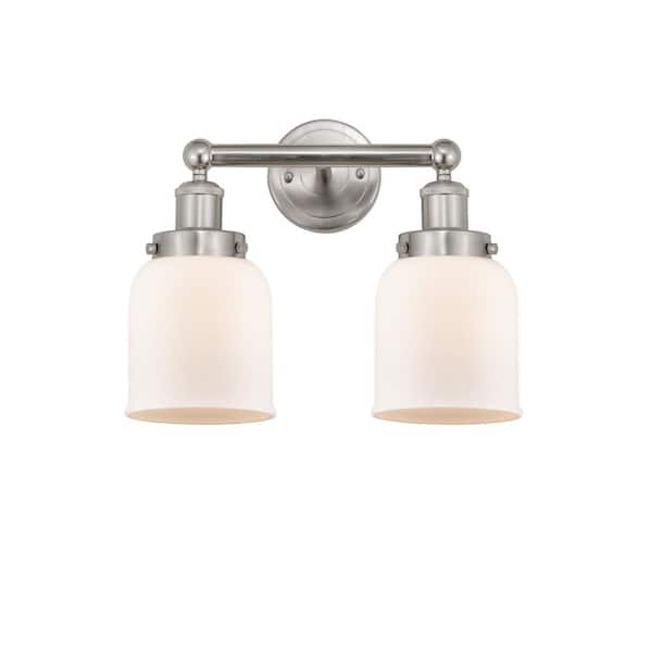 Bell 15.5 in. 2 Light Brushed Satin Nickel, Matte White Vanity Light with White Glass Shade