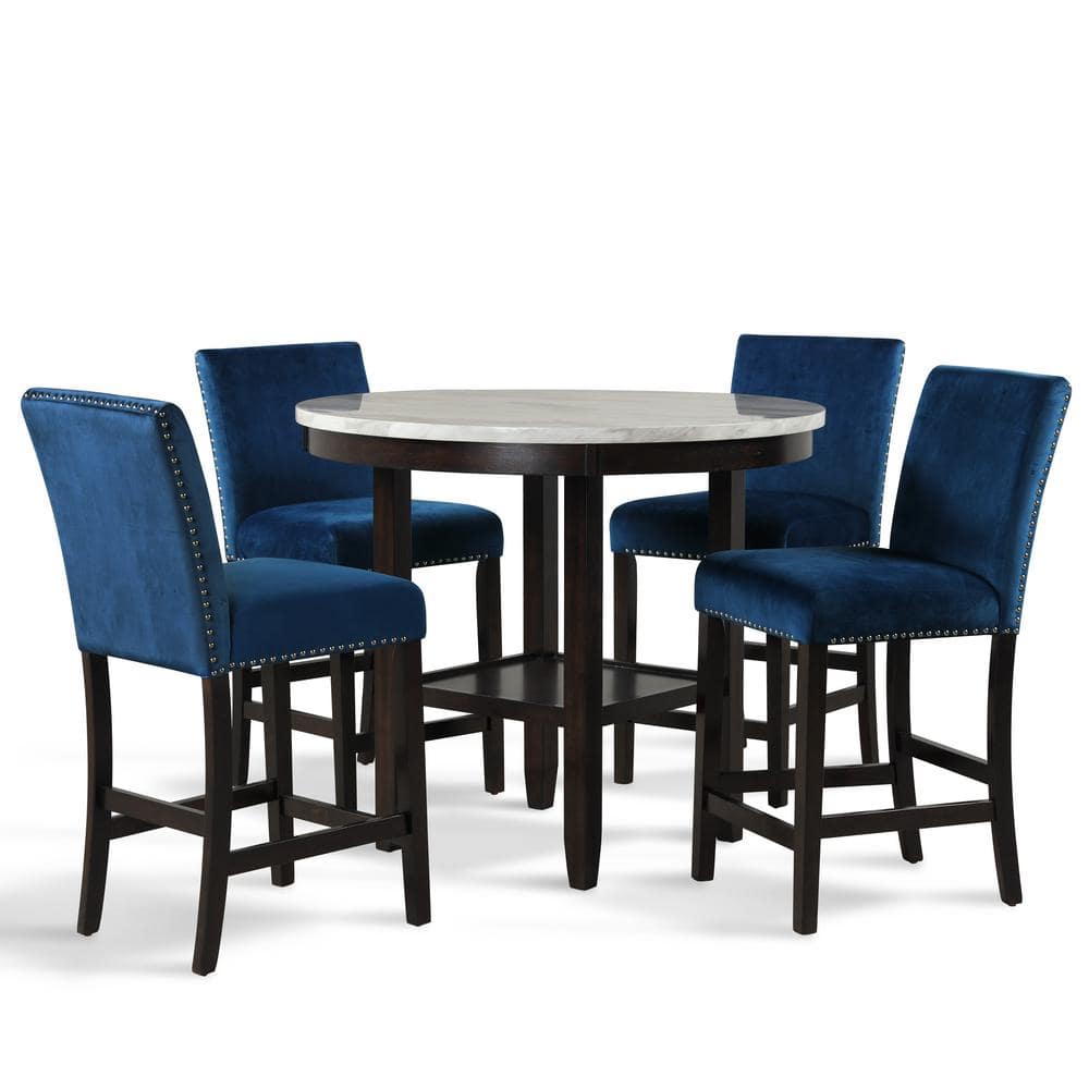 NEW CLASSIC HOME FURNISHINGS Celeste 5-Piece Solid Wood Table Set with 42 in. Round Counter Table and 4-Stools, Blue and Espresso, Blue/ Expresso -  41-400-BLC4C