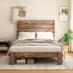 Dark Brown Wood Frame Queen Size Platform Bed with Large Under Bed Storage