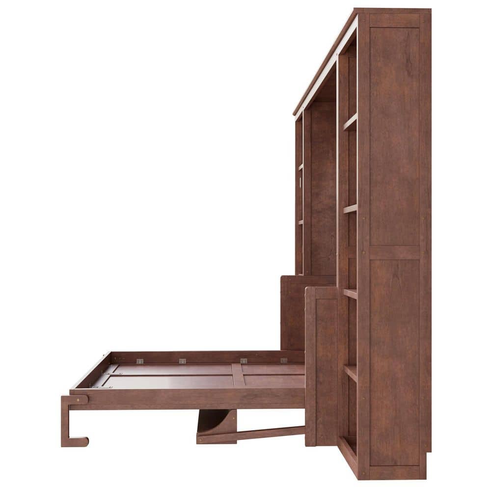 Dark Brown Wood Frame Queen Size Murphy Bed Wall Bed with Storage Bookshelves - thumbnail 8