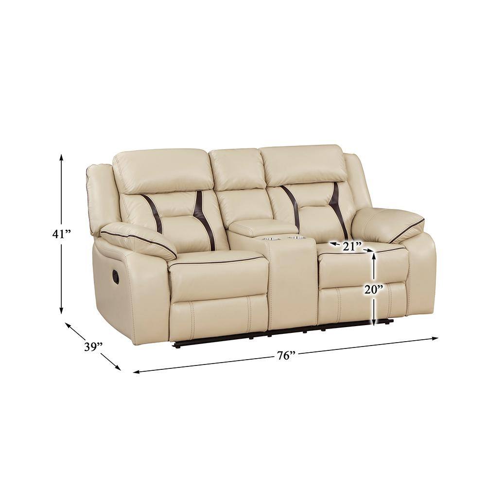 Beige Faux Leather Reclining Loveseat with Cup Holder