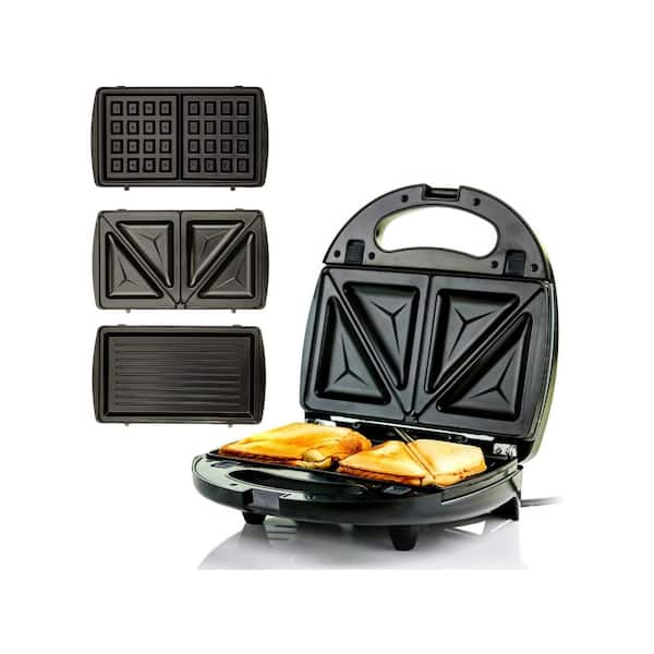 3-in-1 Electric Sandwich Maker Detachable Non-Stick Waffle and Plates, 750-Watts, LED Indicator Lights, GPI302 Black