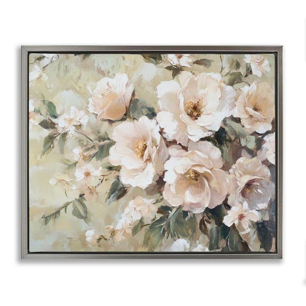 Cream Dynamic Florals by Petal Prints Design Gray Floater Frame Nature Graphic Art Print 25 in. x 31 in.