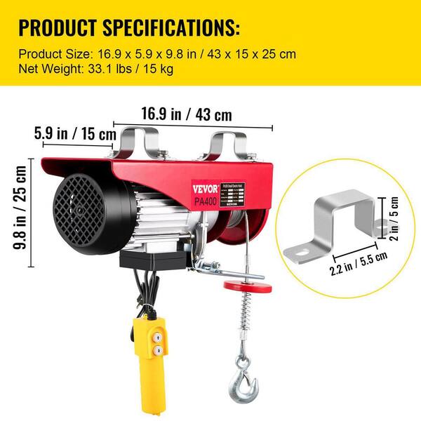 VEVOR Lift Electric Hoist 880 lbs. Remote Control Electric Winch