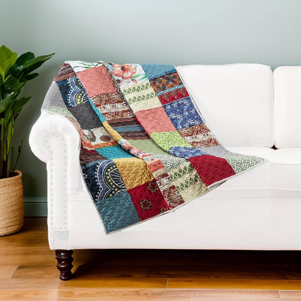 Benjara Multi-Colored Patchowrk Print Cotton Throw Blanket